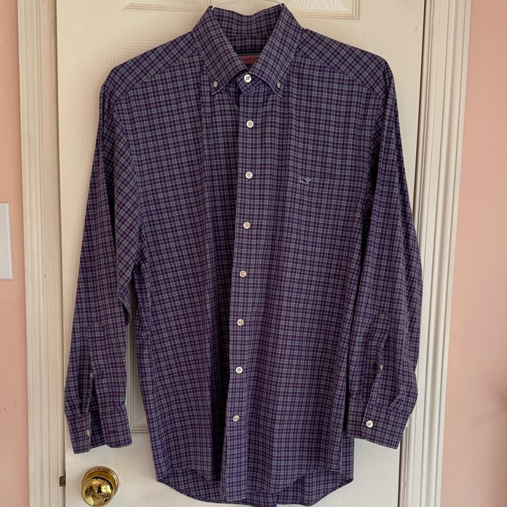 Vineyard Vines Men's LSU  Purple Plaid Button Down Shirt. Mint condition !